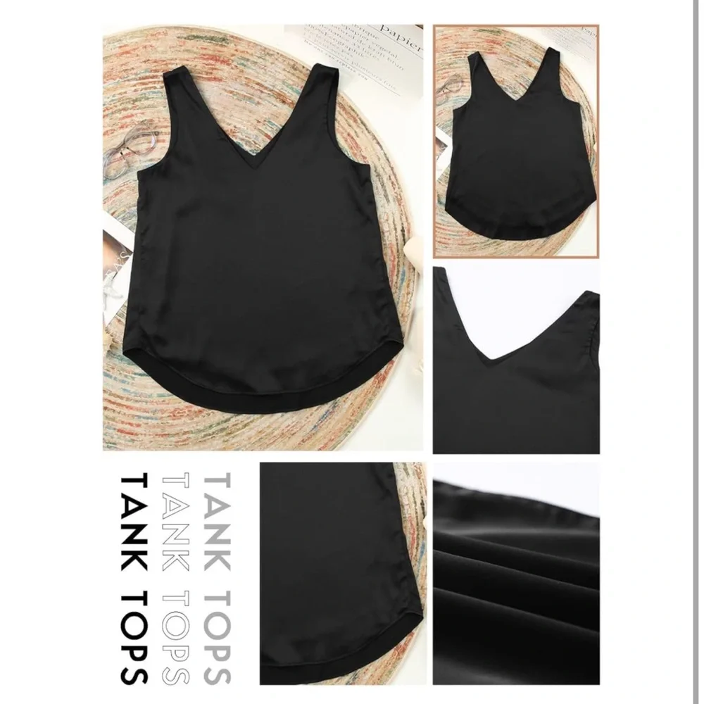 Black Tank Top V Neck Silk Summer Satin Sleeveless Blouses Basic Camisole Shirt